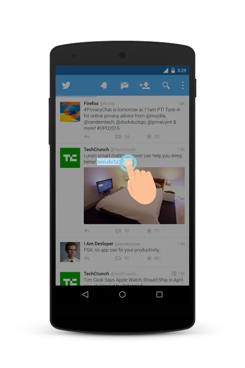A finger double-tapping a link in a Twitter timeline to save the article